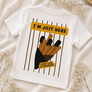 DTF Bügelbild Kinder "I'm Just Here for the Churros" | Aufbügler Kinder T-Shirt | Retro Bügeltransfer | DIY Textildruck | A5