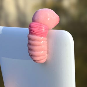 May include: A pink, worm-like sculpture with a bulbous head and segmented body. The sculpture has a textured, ribbed section in a darker shade of pink. It is resting on a white surface.