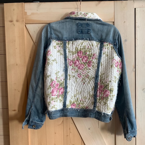 upcycled denim jacket medium denim jacket with quilt insert upcycled shabby look. One of a kind