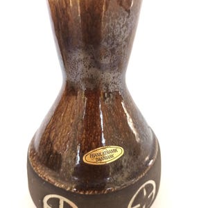 Danish Art Pottery Vase MCM Frank Keramik Original Label  Cross Pattern 1960&#39;s 1970&#39;s Vintage Skandinavian Pottery Brown