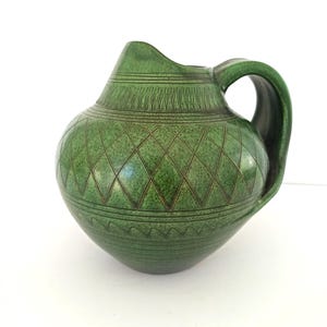 Wilhelm Kagel Pitcher Vase German Art Pottery 1950&#39;s 1960&#39;s Sgraffito Green Black Handmade Handdecorated  West German Ceramics Mid Century