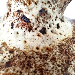 May include: Close-up of a ceramic pitcher's textured surface. The pitcher has a speckled, porous design with shades of brown and cream. Darker brown spots and small holes create a unique, rustic appearance. The pitcher's handle is visible in the upper right corner.