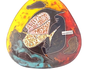 Melior Ceramiche Firenze Italy Fat Lava Wall Plate 207 Fish Mid Century 1960&#39;s Italian Art Pottery Cratered Glaze Red Yellow Pink  Black