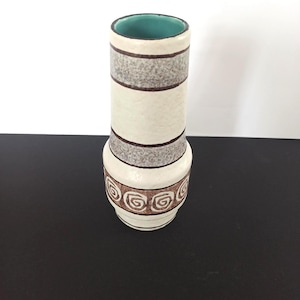 Jasba MCM Vase 152/19 West German Pottery 1960&#39;s Structured Glaze Hand Painted Spiral Pattern Brown Beige Turquoise