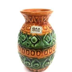 Bay Vase West German Ceramics 92 14 1960&#39;s Mid Century Modern Relief Decor Original Label German Art Pottery Green Brown 1970&#39;s Bodo Mans