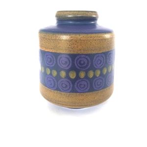 KMK Kupfermühle Vase 1960&#39;s 1970&#39;s West German Pottery Ceramic Blue Green Yellow Purple Spirals Handmade  Mid Century Modern Vintage