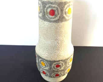Jasba Fat Lava Vase 152/19 1960&#39;s MCM Geometrical Decor Dots grey white yellow red turquoise West German Pottery Foamy Structured Glaze