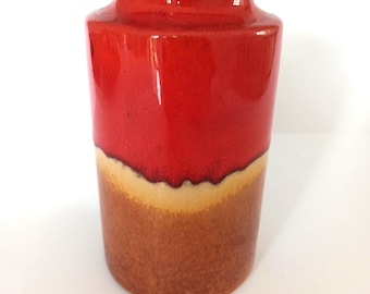 Scheurich Vase 203 - 18  West German Pottery 1960&#39;s 1970&#39;s Red Brown Black Cylindrical Shape German Art Pottery Vintage Drip Glazes