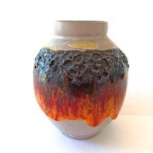 Kreutz Fat Lava Vase Original Label West German Pottery Orange Red Black crusty Cratered Glaze 1960's 1970's Vintage Handmade
