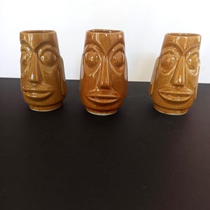 Vintage keramiska Tiki-muggar, Moai-dekoration på Påskön, barbestick från 1960-talet (set om 3)