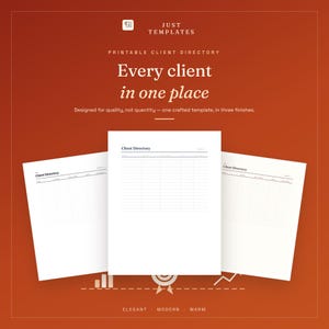 Puede incluir: Una plantilla de directorio de clientes imprimible con tres páginas blancas con líneas de cuadrícula negras y el texto "Client Directory" en la parte superior. El fondo es un degradado naranja y rojo con el texto "JUST TEMPLATES" y "Every client in one place".