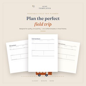 Puede incluir: Un conjunto de plantillas imprimibles para planificar excursiones escolares que incluye tres páginas blancas con texto y líneas en negro. El encabezado dice "Field Trip Planner" con secciones para destino, fecha y hora. Un bus naranja.