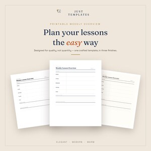 May include: Three white printable weekly lesson overview templates arranged in a fan shape. Each page features a header with the text Weekly Lesson Overview, followed by rows for Monday through Friday, and additional sections for notes and objectives.