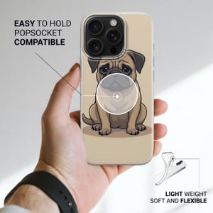 Schattige mopshond telefoonhoesje cartoon mopshond illustratie, dierenvriend cadeau dierenliefhebber accessoire iPhone 16 Pro Max, 15 Plus, 14, 13, 12, 11, XS, XR