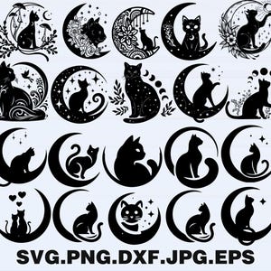猫と月の満ち欠け SVG バンドル、猫のシルエット SVG、猫の月の SVG、猫のクリップアート、猫のカットファイル、黒猫 SVG、猫のデザイン SVG