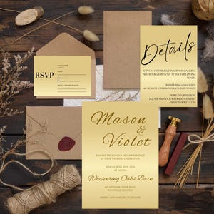 Convite de casamento em acrílico editável com folha de ouro, convite de luxo com ouro rosa, modelo de convite de casamento, convite de casamento com folha de ouro