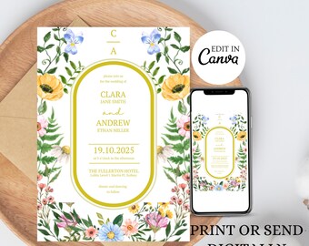 Editable DIY Garden Flowers Wedding Invitation Template, Wildflower Wedding Invitation, Colorful Spring Floral Elegant Wedding Invitation