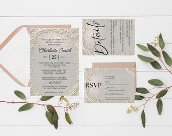 Elegant Editable DIY Pastel Blush Pearls with Diamonds Bridal Shower Invitation Template, Pearl Bridal Shower, Pearl Bridal Shower Invite
