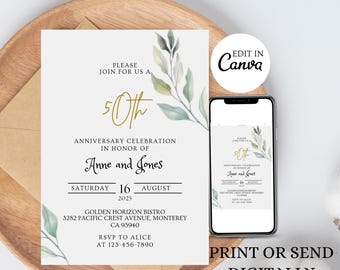 50th Anniversary Invitation, Greenery Wedding Anniversary Invite Printable, Editable Template, Golden Anniversary Party, Anniversary Invite