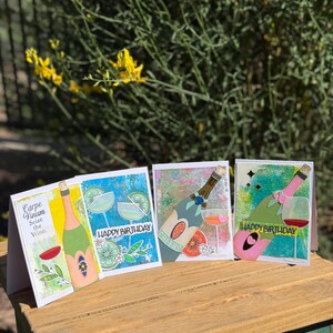 Set di 4 biglietti d'auguri ispirati a cocktail e vino