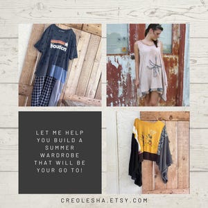 May include: A collage of summer clothing. A dark grey dress with "Houston" text, a sleeveless beige dress, and a yellow and black top. Text reads "LET ME HELP YOU BUILD A SUMMER WARDROBE THAT WILL BE YOUR GO TO!" and "CREOLESHA.ETSY.COM".