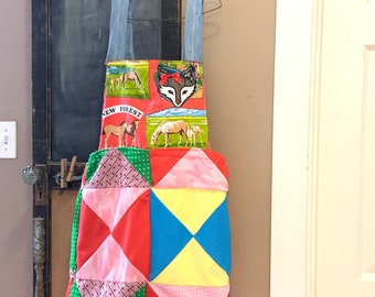 Upcycled Quilted Overalls: Horse Fox Patchwork Jumper Skirt