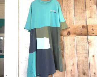 Upcycled Lake Life T-Shirt Tunic Dress: Patchwork Boho Clothing