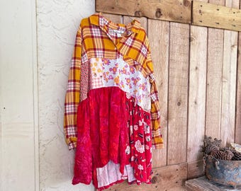 Pieces Collection 3 - Funky Upcycled Cotton Flannel Dress / Tunic, Rustic Boho Tunic by CreoleSha