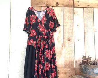 Upcycled Floral Knit Dress: Black & Red, Comfortable Casual Wear