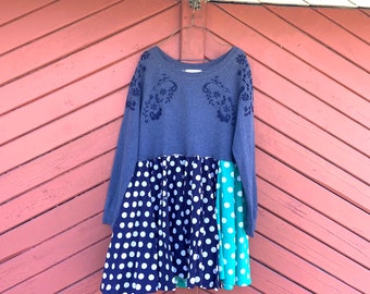 Upcycled Blue Polkadot Sweatshirt  Dress, Bohemian Dress, Reclaimed, CreoleSha