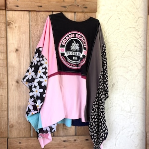 Upcycled Miami Beach /  Rolling StoNes Poncho  Shirt, Patchwork Tunic, Unique Gift, Sustainable Clothing, Loose Fit Tunic, Hippie