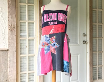 Upcycled Patchwork Overalls: Ft. Walton Beach T-Shirt & Denim Skirt