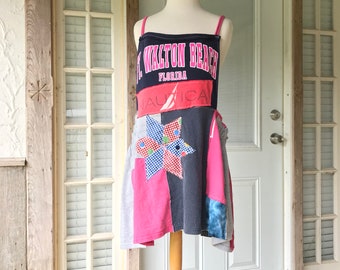 Upcycled Summer Jumper, Ft. Walton Beach T-Shirt and Denim Jumper Skirt Overalls, Heart T-Shirt Overalls | Patchwork Overalls 151