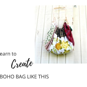 May include: A colourful, patchwork tote bag with floral fabric and a drawstring closure. The bag is hanging on a white wooden surface. Learn to create a boho bag like this.