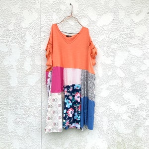 Upcycled Orange and Pink Patchwork Summer Dress, Ladies Summer Dress, Bohemian Dress, Reclaimed, CreoleSha