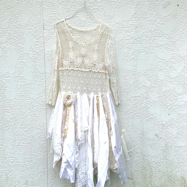 Upcycled Tattered Long Sleeve Off White Rustic Alternative Wedding Dress, Womens Lace Dress, Tunic, Upcycled Clothing, Boho, CreoleSha