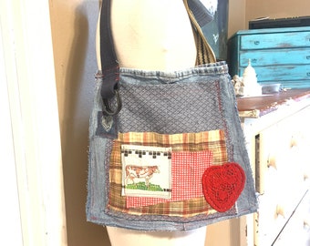 Upcycled Denim Purse / Bag, Farm Patchwork Shoulder Handbag, Purse, Creative Handbag by CreoleSha