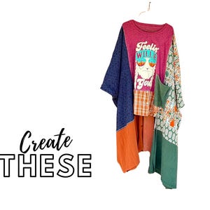 May include: A patchwork garment in various colours, including navy blue, orange, and green. The front features a maroon t-shirt with the text "Feelin' Willie Good" and a graphic of a man wearing sunglasses. The words "Create These" are also visible.