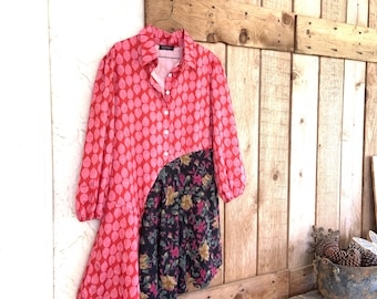 Upcycled Floral Tunic Dress: Lightweight Red Geo Print, M-L