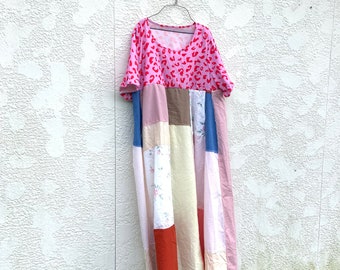 Ladies Upcycled Long Pink Animql Print Floral Cotton Patchwork Summer Dress, Reclaimed, Boho, Bohemian, Tunic, CreoleSha
