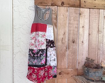 Upcycled Black and Pink Tank Dress: Reconstructed Boho Clothing