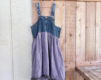 Upcycled Overall Dress: a Vintage Lavender Skirt Combined With Jeans