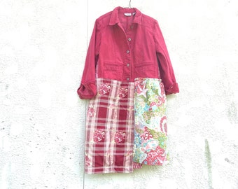 Upcycled Cranberry Jean Jacket Dress, Upcycled Clothing, Boho, Bohemian, Clothing,CreoleSha 305