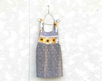 Upcycled Gray and Yellow Jumper, Patchwork Jumper Skirt Overalls, Gray Overalls | Patchwork Overalls