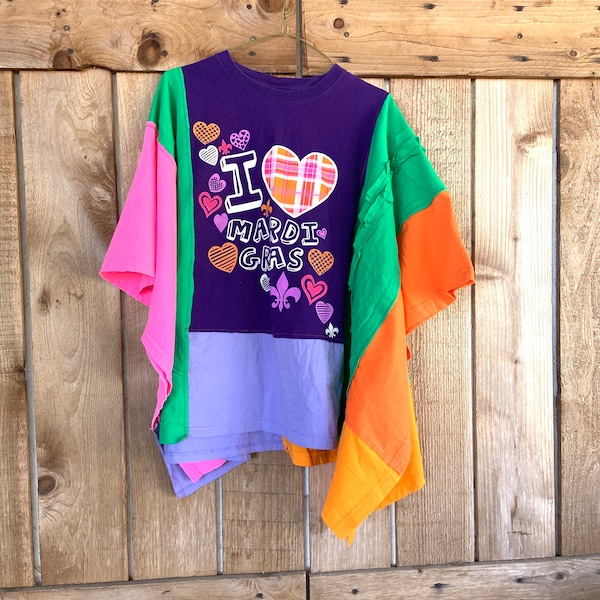 Upcycled Mardi Gras Poncho, Patchwork Tunic, Upcycled Poncho, Modern Clothing, Loose Fit Tunic, Loose Top, Hippie Shirt