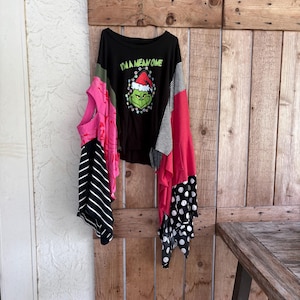 Upcycled The Grinch Christmas Oversized Funky T-Shirt , Holiday Office Party