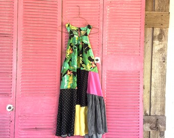 Upcycled Green and  Black Floral Patchwork Dress, Upcycled Clothing, Boho, Bohemian, Clothing, CreoleSha