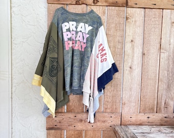 Upcycled Faith T-Shirt “Pray Through It” Mama’s Girl Hand Stitched Patchwork Tee, Held in Grace Wearable Art Shirt | Story Cloth Collection