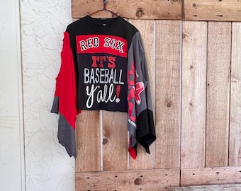 Upcycled Boston Red Sox Baseball T-Shirt  Patchwork Tee, Wearable Art Shirt | Story Cloth Collection