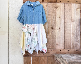 Upcycled Blue Lightweight Denim Tattered Boho Dress